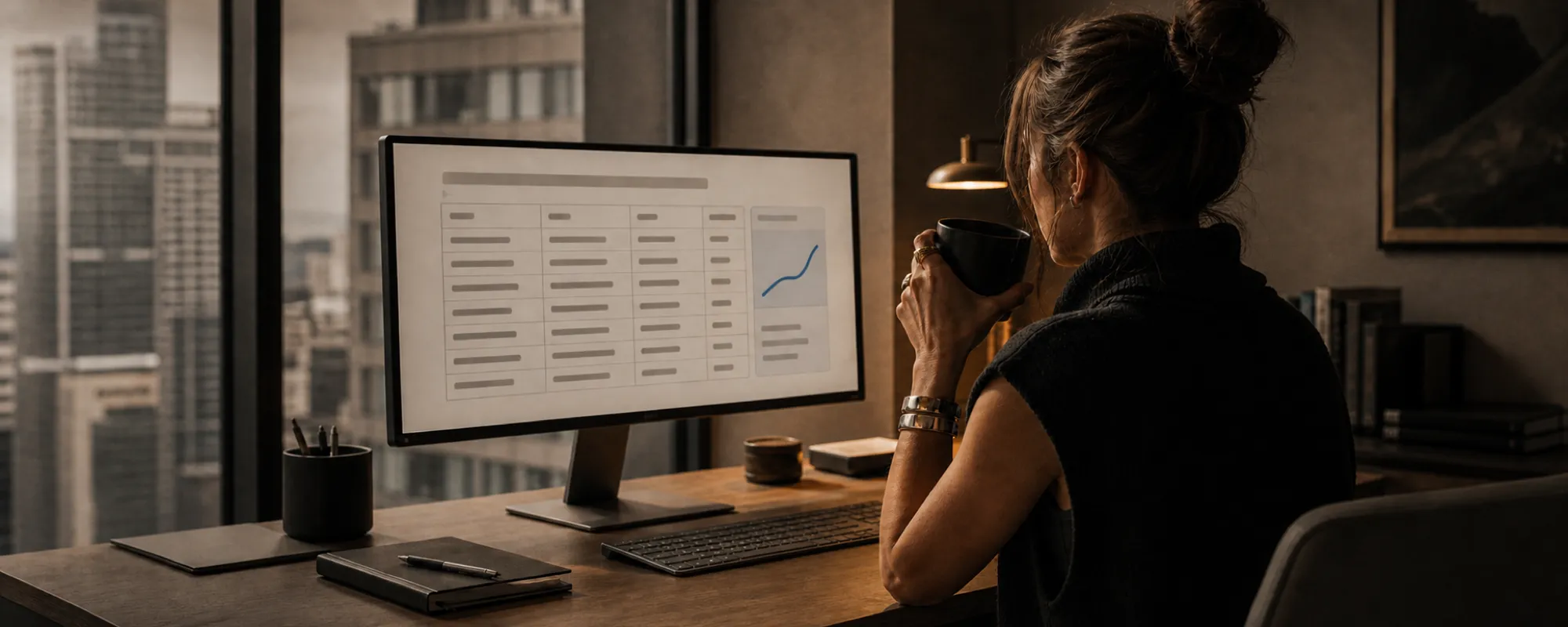Woman reviewing a data table and upward-trending chart on a desktop monitor
