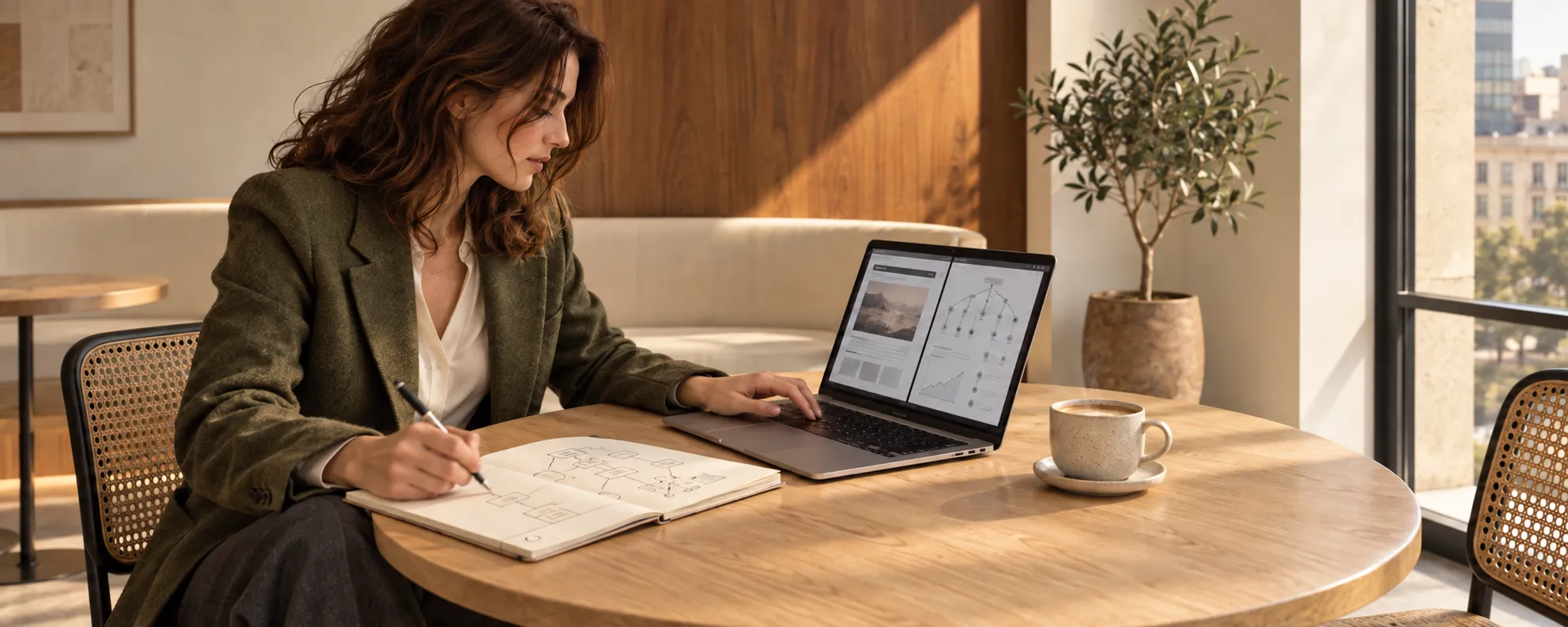 Woman mapping a website audit in a notebook while reviewing a site structure and performance chart on a laptop