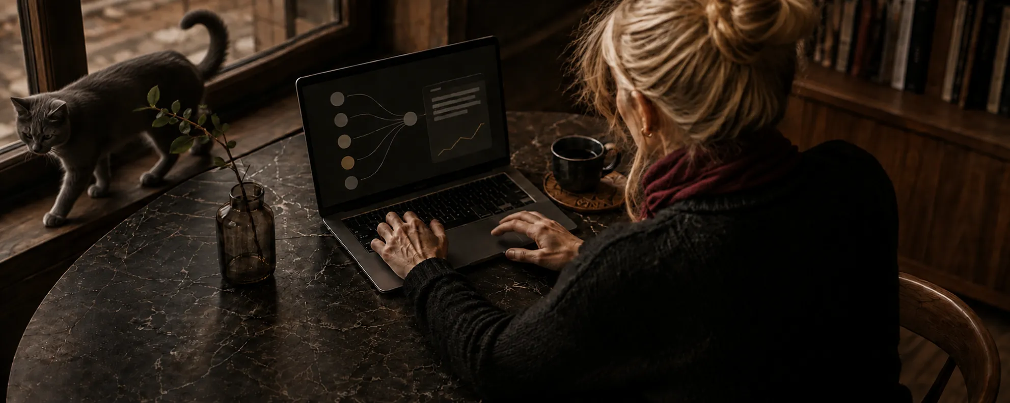 Woman reviewing a GEO strategy map and performance chart on a laptop
